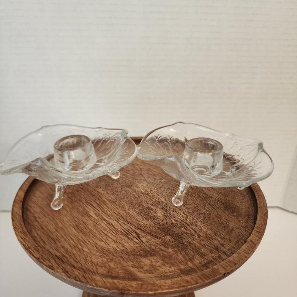 Set of 2 Vintage Glass Three Footed Candle Holders Tapers BEAUTIFUL